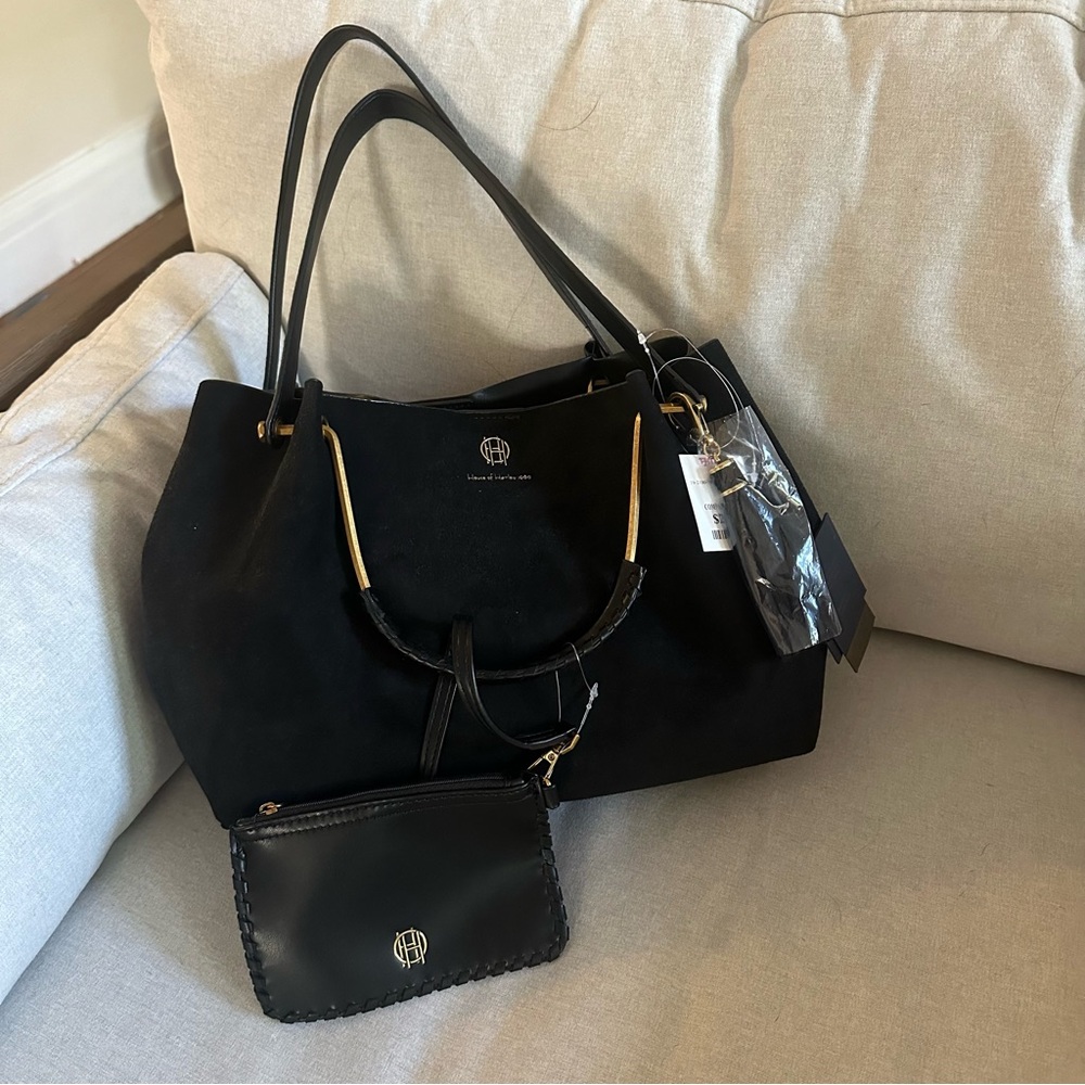 Elegant Black Tote Bag with Matching Pouch